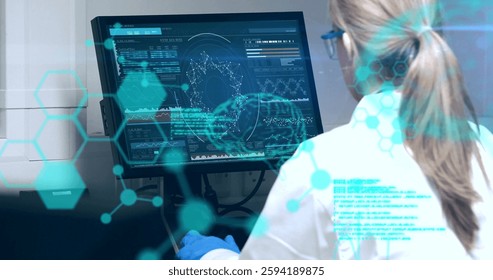 Image of data processing and chemical formula over caucasian female scientist using computer. Global science and digital interface concept digitally generated image.