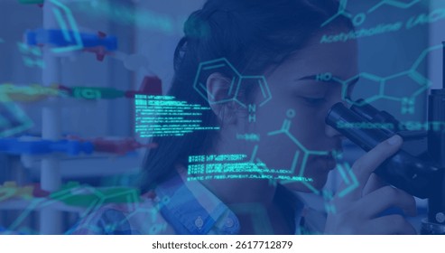Image of data processing and chemical formula over biracial schoolgirl. global science, technology and digital interface concept digitally generated image.