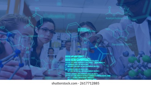 Image of data processing and chemical formula over diverse schoolchildren and teacher. global science, technology and digital interface concept digitally generated image.