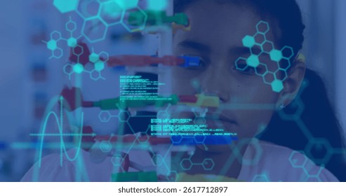 Image of data processing and chemical formula over biracial schoolgirl. global science, technology and digital interface concept digitally generated image.