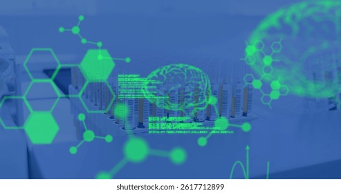 Image of data processing and chemical formula over test tubes in lab. global science, technology and digital interface concept digitally generated image. - Powered by Shutterstock - Get 15% off with code: PIKWIZARD15