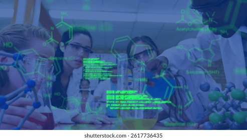 Image of data processing and chemical formula over diverse schoolchildren and teacher. global science, data processing and digital interface concept digitally generated image.