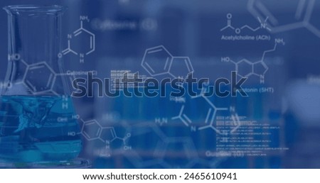 Image of data processing and chemical formula over beakers and test tubes in lab. global science, technology and digital interface concept digitally generated image.