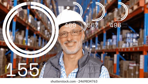Image of data processing and circles over happy caucasian male worker in warehouse. Global business, delivery and digital interface concept digitally generated image.
