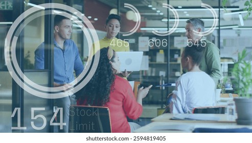Image of data processing and circles over diverse colleagues discussing work. Global business, teamwork and digital interface concept digitally generated image. - Powered by Shutterstock - Get 15% off with code: PIKWIZARD15