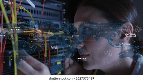Image of data processing, circuit board over caucasian female it technician by computer server. Global computing and data processing concept digitally generated image. - Powered by Shutterstock - Get 15% off with code: PIKWIZARD15