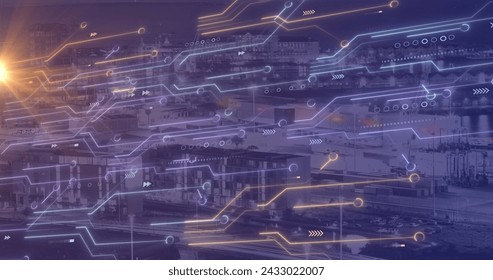 Image of data processing, cityscape and connections. Global networks, computing, digital interface and data processing concept digitally generated image.