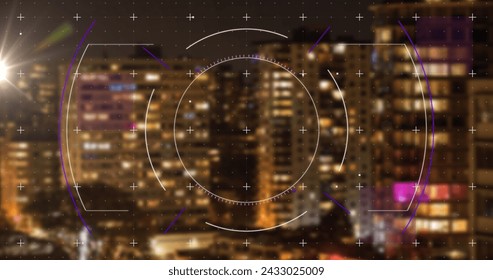 Image of data processing, cityscape and connections. Global networks, computing, digital interface and data processing concept digitally generated image.