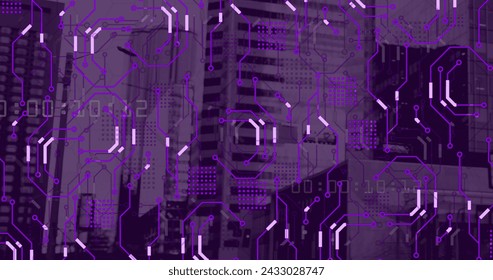 Image of data processing, cityscape and connections. Global networks, computing, digital interface and data processing concept digitally generated image.