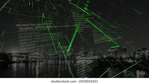 Image of data processing, cityscape and connections. Global networks, computing, digital interface and data processing concept digitally generated image.