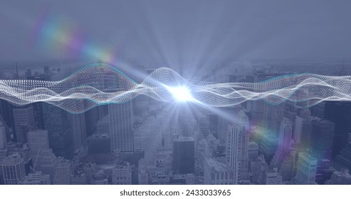 Image of data processing, cityscape and connections. Global networks, computing, digital interface and data processing concept digitally generated image.