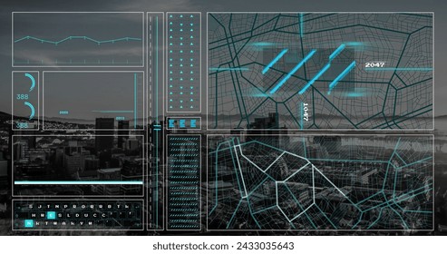Image of data processing, cityscape and connections. Global networks, computing, digital interface and data processing concept digitally generated image.