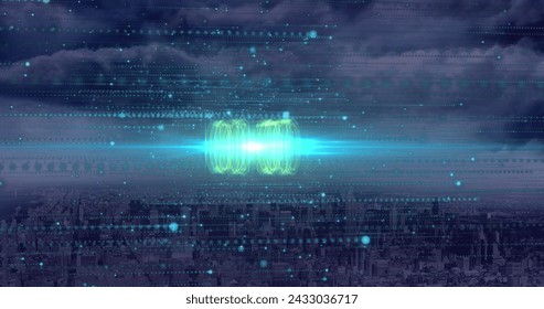 Image of data processing, cityscape and connections. Global networks, computing, digital interface and data processing concept digitally generated image.