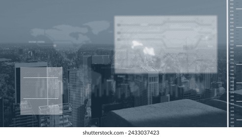 Image of data processing, cityscape and connections. Global networks, computing, digital interface and data processing concept digitally generated image.