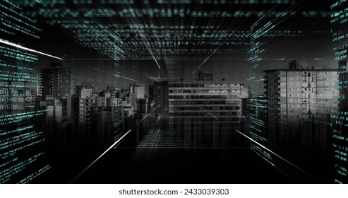 Image of data processing, cityscape and connections. Global networks, computing, digital interface and data processing concept digitally generated image.