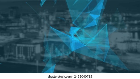 Image of data processing, cityscape and connections. Global networks, computing, digital interface and data processing concept digitally generated image.