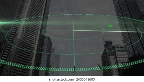 Image of data processing, cityscape and connections. Global networks, computing, digital interface and data processing concept digitally generated image.