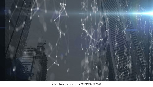 Image of data processing, cityscape and connections. Global networks, computing, digital interface and data processing concept digitally generated image.