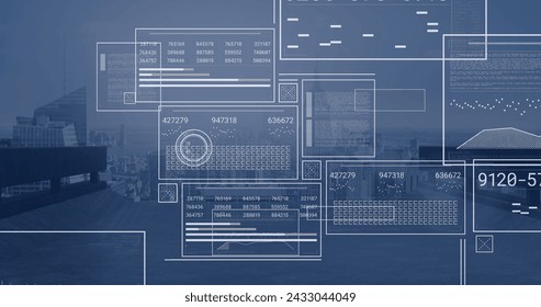 Image of data processing, cityscape and screens. Global networks, computing, digital interface and data processing concept digitally generated image.