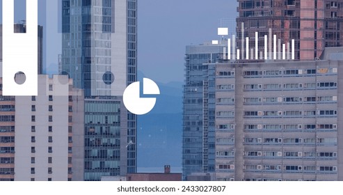 Image of data processing, cityscape and statistics. Global networks, computing, digital interface and data processing concept digitally generated image.