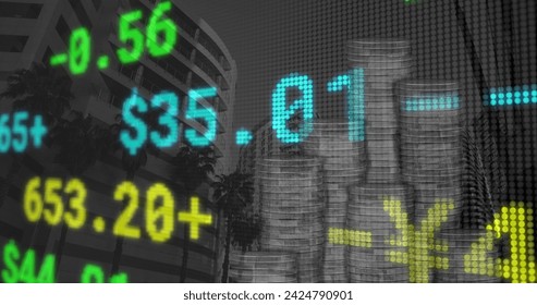 Image of data processing and coins over cityscape. Global business and digital interface concept digitally generated image. - Powered by Shutterstock - Get 15% off with code: PIKWIZARD15