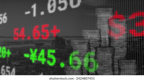 Image of data processing and coins over cityscape. Global business and digital interface concept digitally generated image.