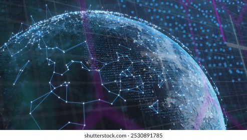 Image of data processing, colorful shapes, globe and connections on black background. Data processing, digital interface, communication and technology concept digitally generated image. - Powered by Shutterstock - Get 15% off with code: PIKWIZARD15