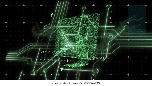 Image of data processing with computer circuit board over shape on black background. Global finances, computing and digital interface concept digitally generated image.
