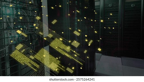 Image of data processing and computer circuit board over server room. Global technology, computing and digital interface concept digitally generated image.