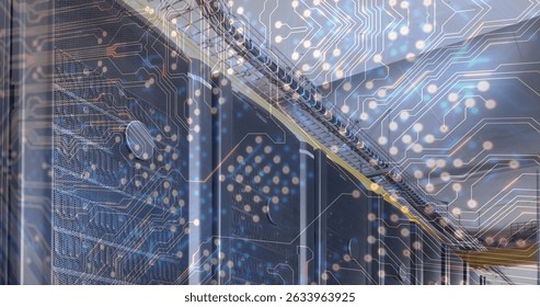 Image of data processing with computer servers over computer circuit board. Global data processing, connections and cloud computing concept digitally generated image.