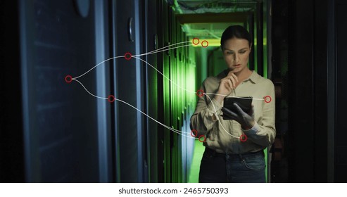 Image of data processing, connections over caucasian female it technician by computer server. Global computing and data processing concept digitally generated image.