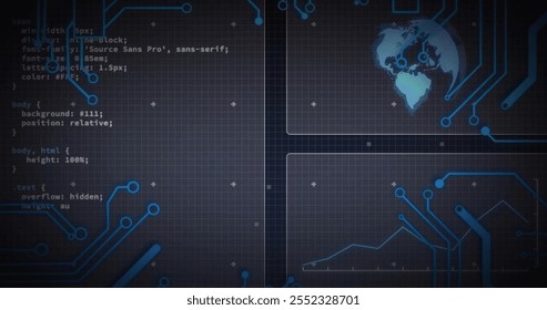 Image of data processing and connections over globe. Technology, business and digital interface concept digitally generated image.