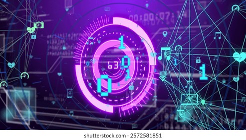 Image of data processing with cope scanning and network of connections on black background. Global technology, computing, connections and digital interface concept digitally generated image.