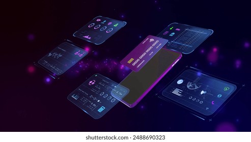 Image of data processing with credit card and smartphone over light spots on black background. Finances, communication, computing and digital interface concept digitally generated image.
