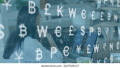 Image of data processing and currency symbols over woman using laptop. Global business and digital interface concept digitally generated image.