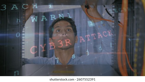 Image of data processing with cyber attack warning over technician and computer server. global internet security, cyber crime, data processing and technology concept digitally generated image.