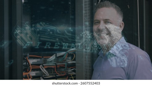 Image of data processing with cyber attack warning over technician and computer server. global internet security, cyber crime, data processing and technology concept digitally generated image.