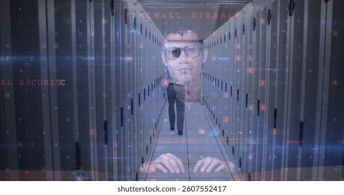 Image of data processing with cyber attack warning over hacker and computer servers. global internet security, cyber crime, data processing and technology concept digitally generated image.