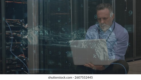 Image of data processing with cyber attack warning over technician and computer servers. global internet security, cyber crime, data processing and technology concept digitally generated image.