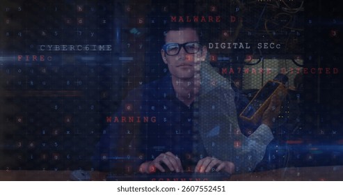 Image of data processing with cyber attack warning over hacker and computer technician. global internet security, cyber crime, data processing and technology concept digitally generated image.