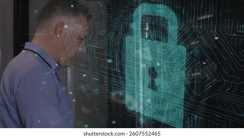 Image of data processing with cyber attack warning over technician and computer servers. global internet security, cyber crime, data processing and technology concept digitally generated image.