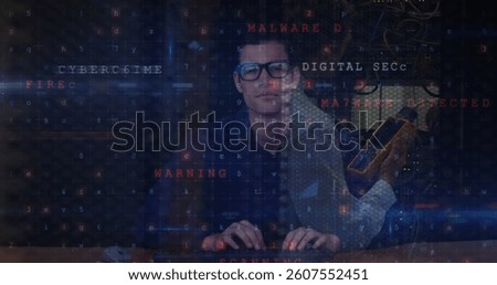 Image of data processing with cyber attack warning over hacker and computer technician. global internet security, cyber crime, data processing and technology concept digitally generated image.