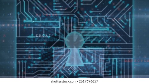 Image of data processing, cyber crime and digital padlock over hacker on navy background. global internet security, data safety and digital interface concept digitally generated image.