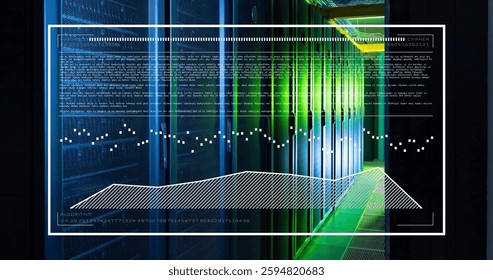 Image of data processing and diagram over server room. Global technology and digitalinterface concept digitally generated image.