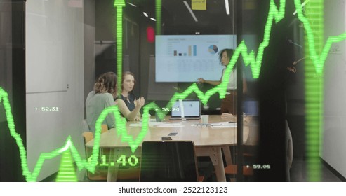 Image of data processing and diagrams over diverse business people discussing work in office. Business, technology and digital interface concept digitally generated image.
