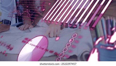 Image of data processing and diagrams over diverse colleagues in office. Technology, business and digital interface concept digitally generated image.