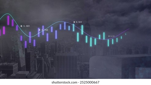 Image of data processing and diagrams over cityscape. Global business and digital interface concept digitally generated image.