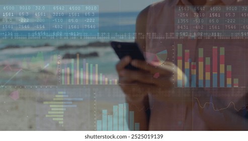 Image of data processing and diagrams over caucasian woman using on smartphone at beach. Business, technology and digital interface concept digitally generated image.