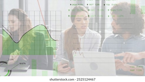 Image of data processing and diagrams over diverse business people discussing work. Business, technology and digital interface concept digitally generated image.