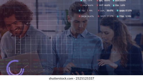 Image of data processing and diagrams over diverse business people discussing work. Business, technology and digital interface concept digitally generated image.
